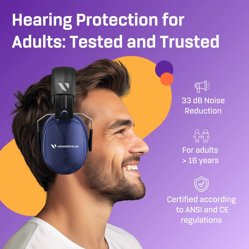 Vanderfields Premium Hearing Protection Ear Muffs - Broad Spectrum Sound Reduction 36.1dB at 2K Hz Noise Cancelling - Headset Safety Noise Cancellation - Headphones Adults & Teens - Marine Blue, 2 PK - Image 2
